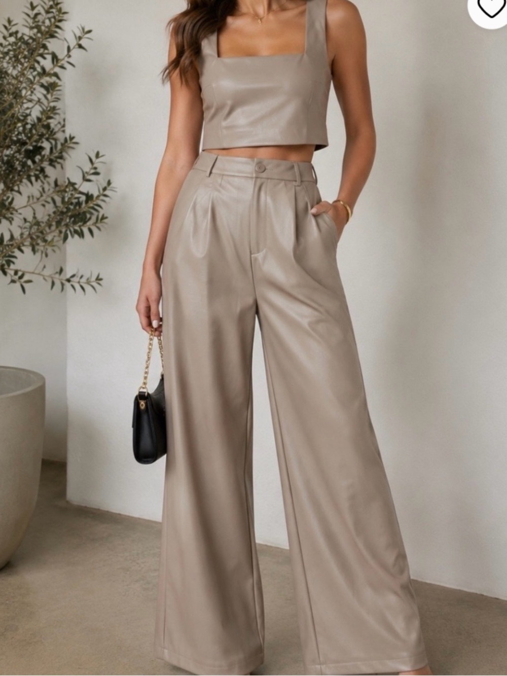 NWT- AKAIV 2PC Set Faux Leather Top and Pleated Wide Leg Trouser Pants in Khaki